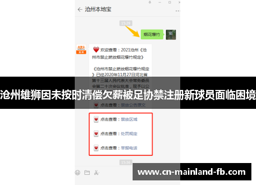 沧州雄狮因未按时清偿欠薪被足协禁注册新球员面临困境